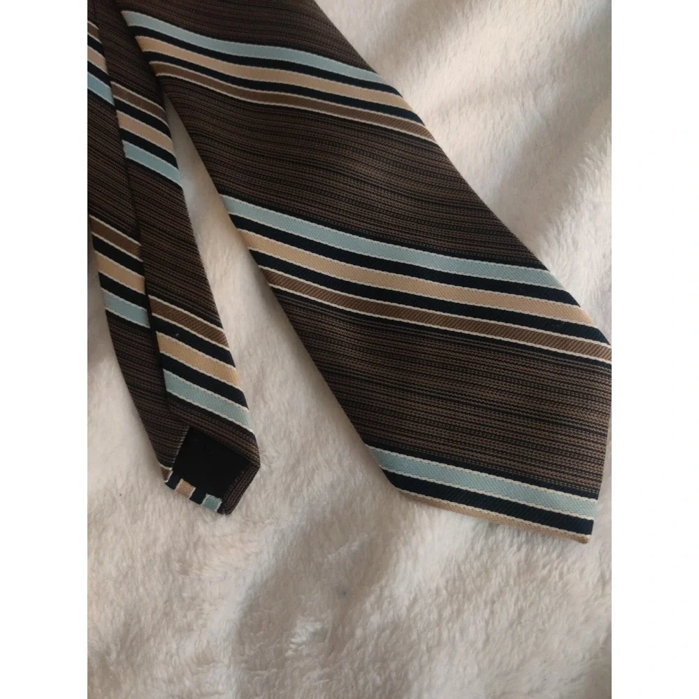 Prince Ferrara Milan Roma Mens Brown Blue Striped Polyester Necktie Tie